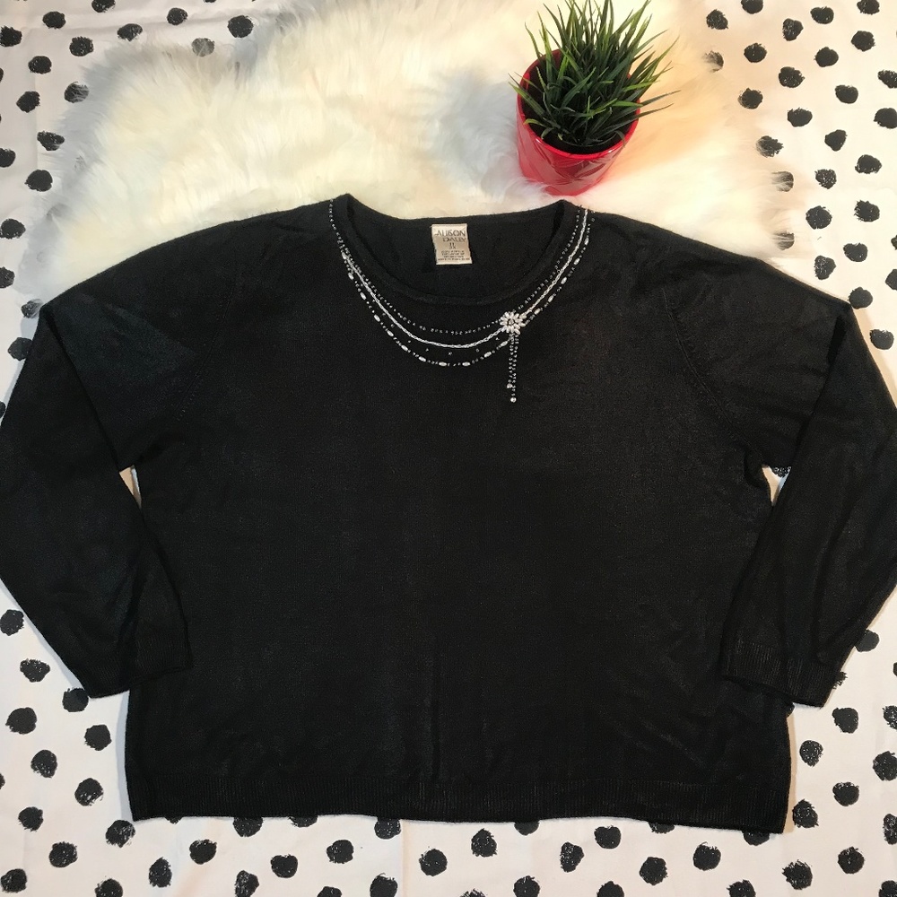 Allison Daley Beaded Pearl Black Sweater Plus 3X